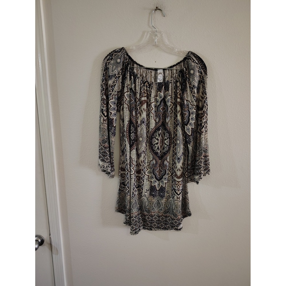 2B Together Paisley Medallion Peasant Tunic Top Boho Bell Sleeve Brown Black M